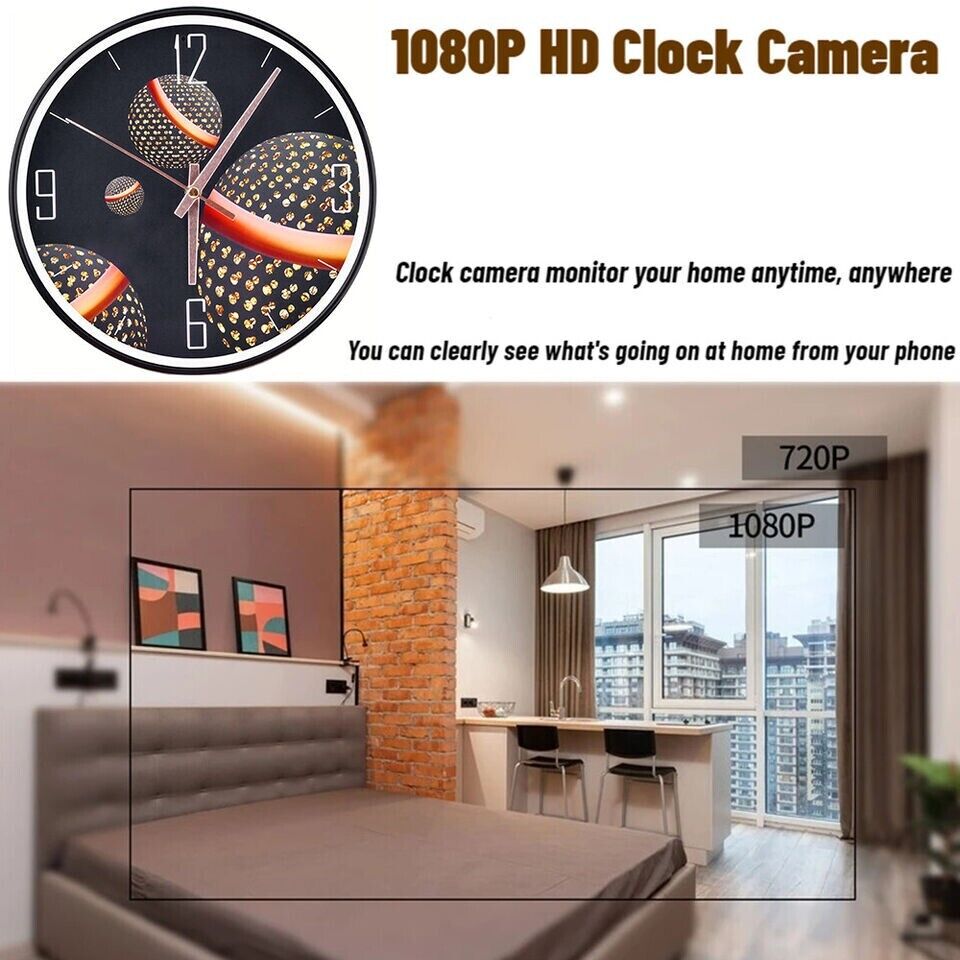 A James Bond 007-inspired Security Wall Clock SpyCam with a built-in 1080p HD camera, advertised as a home monitoring device, including a comparison of 720p and 1080