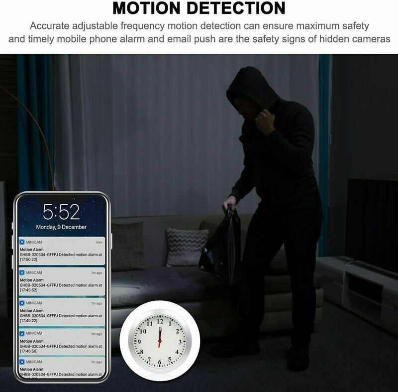 Burglar in a room with a discreet monitoring Modern Wall Clock SpyCam sending a real-time alerts to a smartphone (iPhone or Android phones).