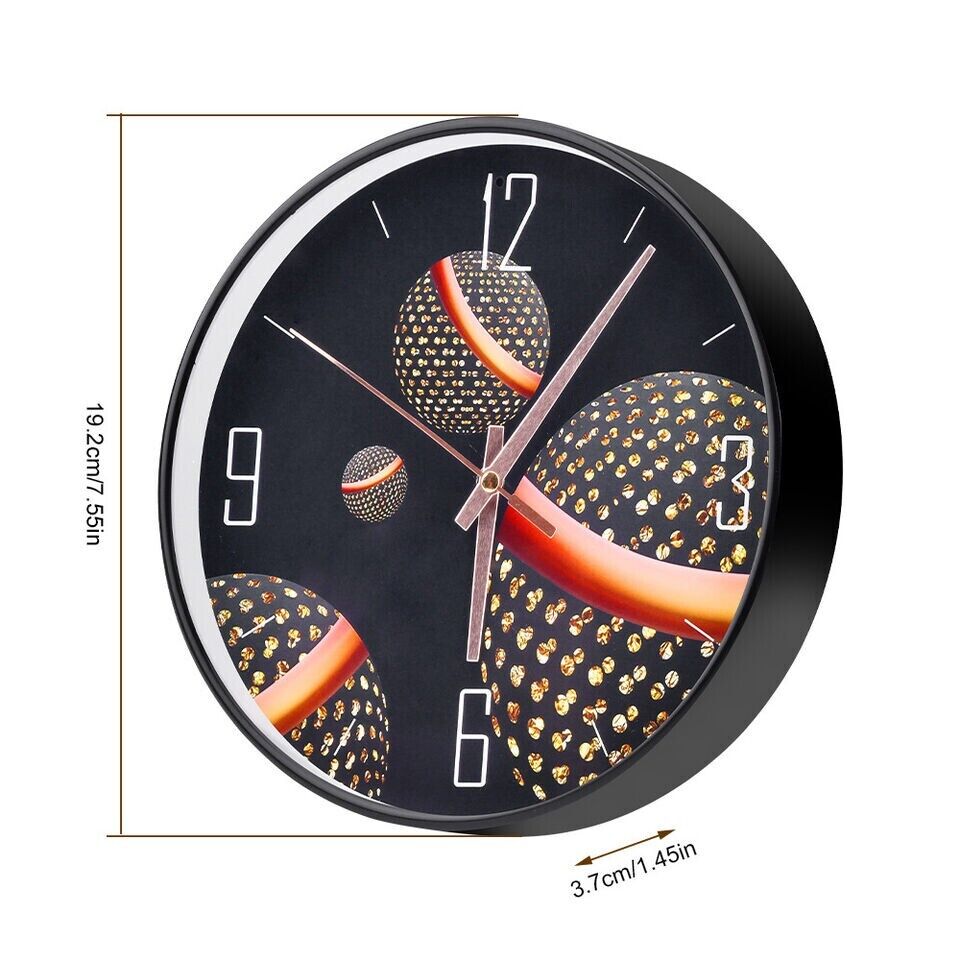 Wall clock with a fruit-themed design and dimensional measurements displayed, inspired by espionage films like James Bond 007.