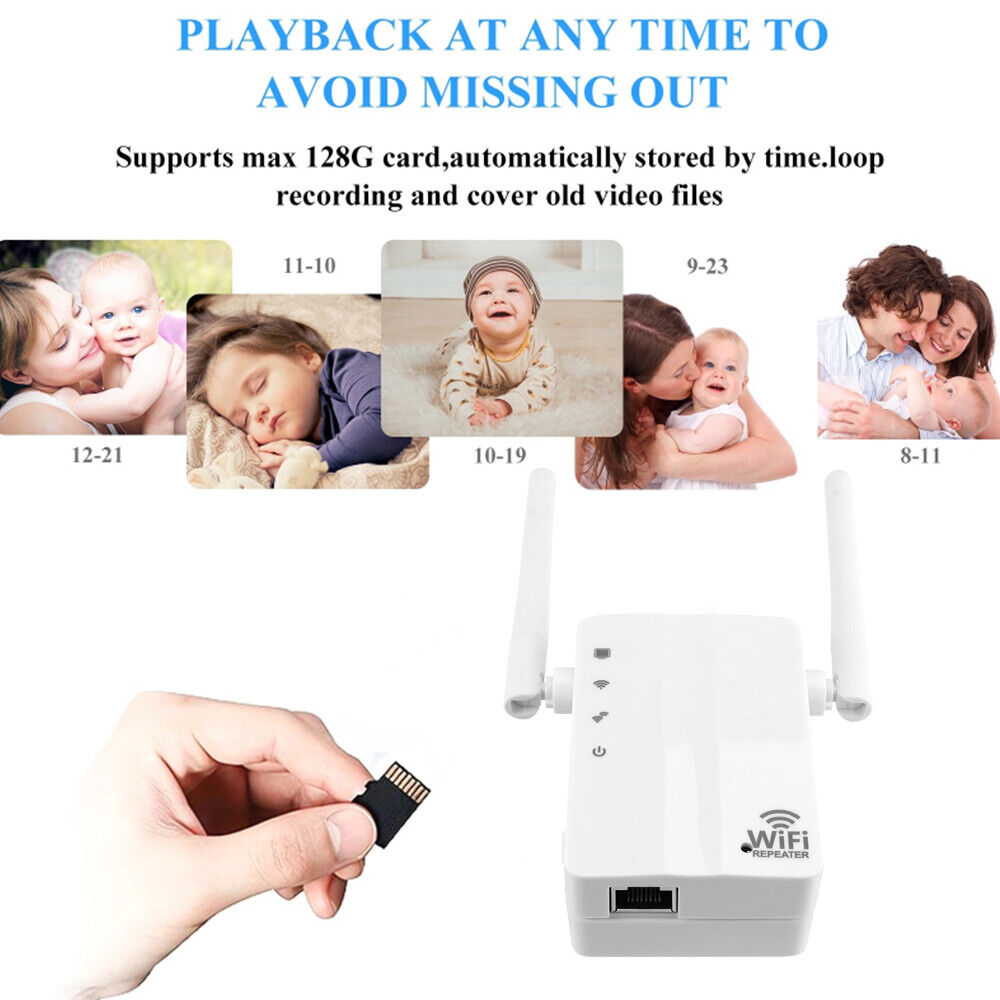 Image showing a high-performance, WiFi-enabled device with two antennas and an SD card being inserted. Text above states: "PLAYBACK AT ANY TIME TO AVOID MISSING OUT." Images of families with babies and toddlers are displayed.