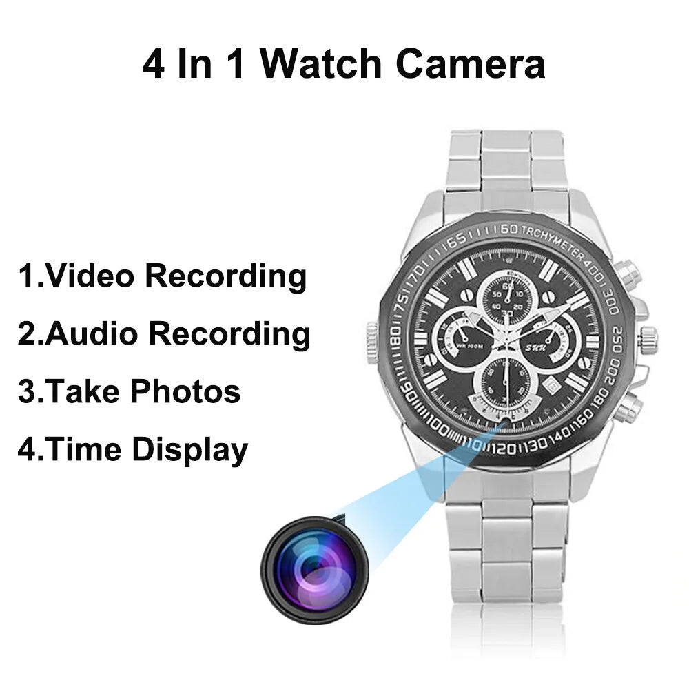 A silver SpyCam Stylish Watch with additional features listed: video recording, audio recording, photo capabilities, and time display. An icon of a camera lens points to the watch.
