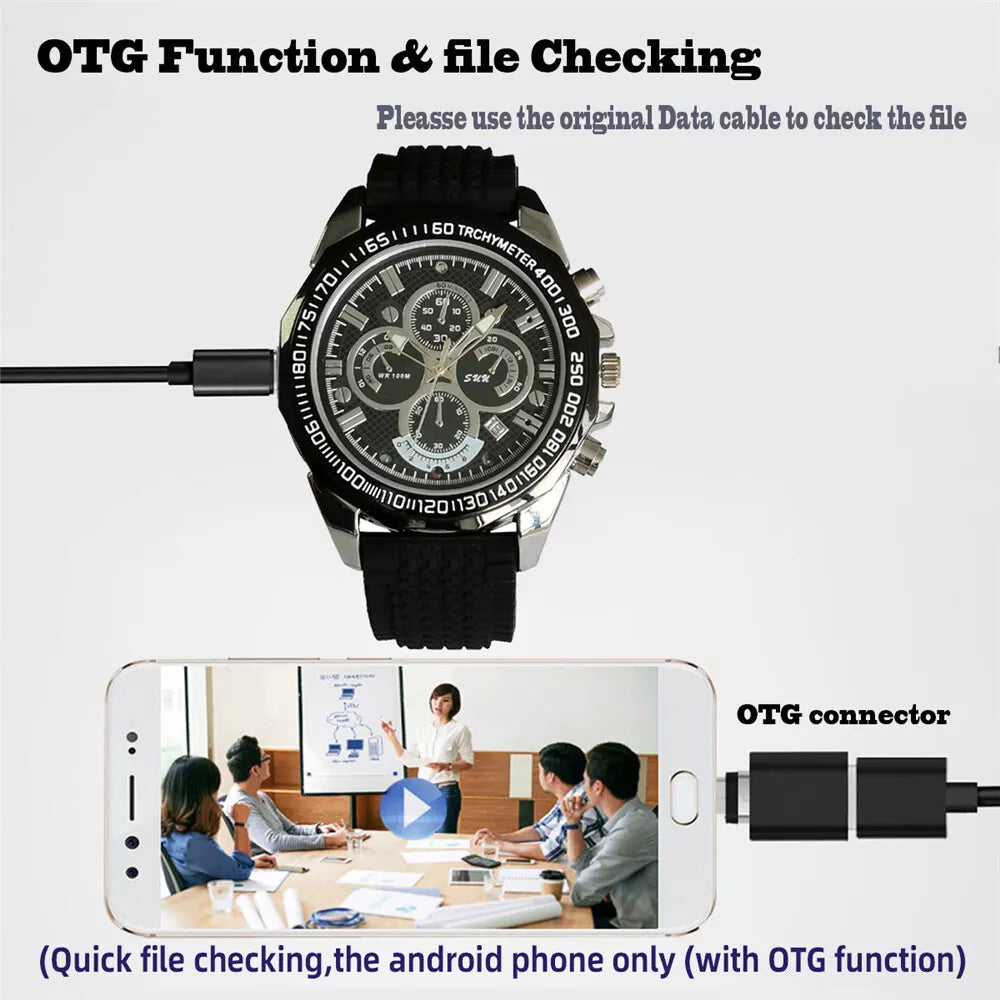 A SpyCam Stylish Watch connected to a smartphone via an OTG cable, instructing to use the original data cable for file checking, highlighted with the OTG function feature.