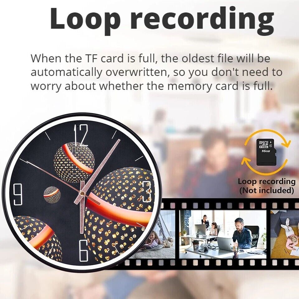 Analog Security Wall Clock SpyCam featuring loop recording function, automatically overwriting old files when the tf card is full.