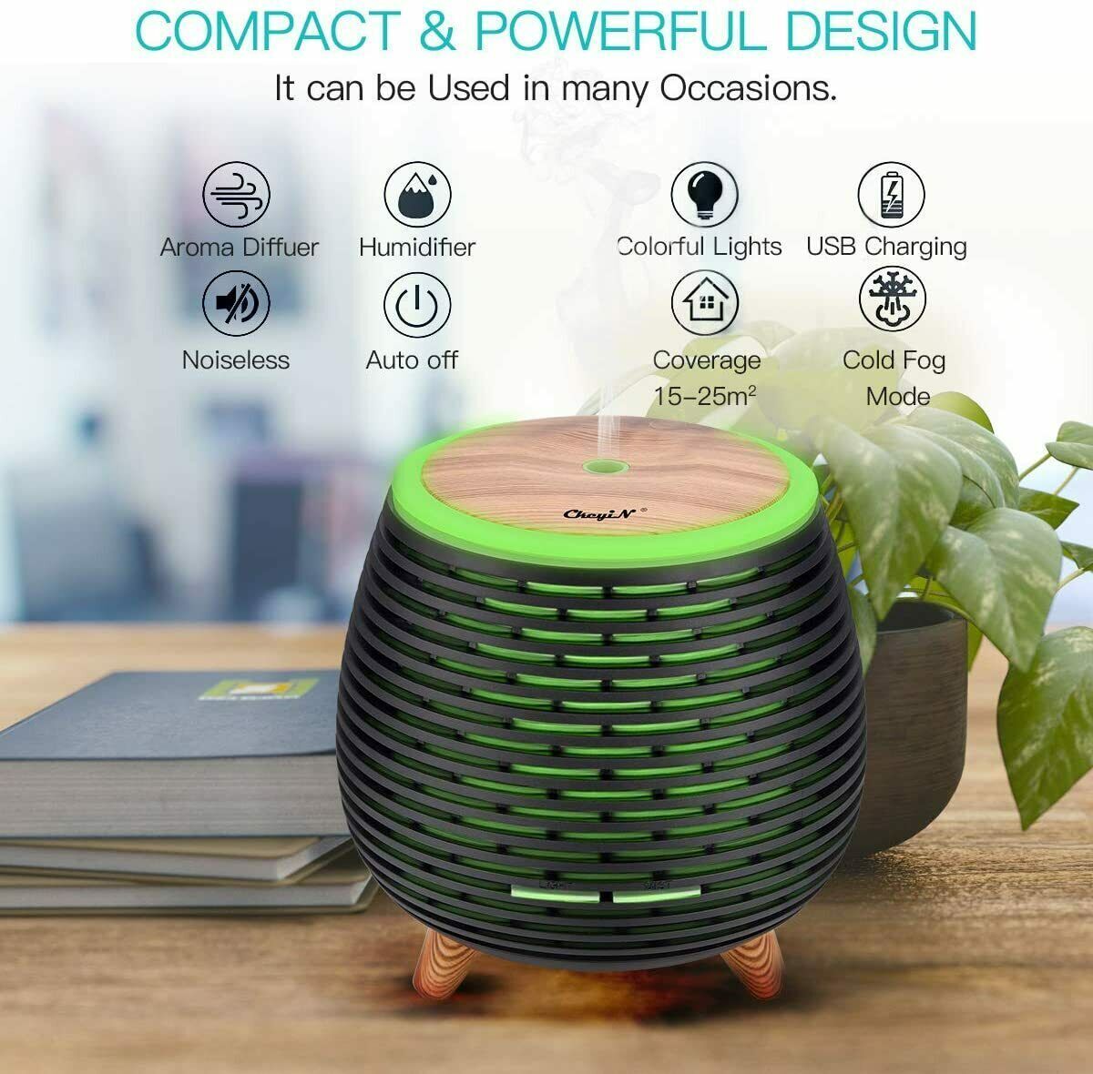 Mini Oil Diffuser SpyCam with versatile functionality including humidification, colorful lights, Full HD recording, quiet operation, and WiFi connectivity, suitable for various settings.