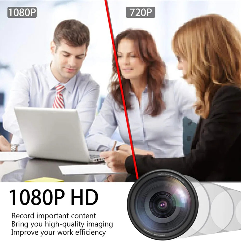 Two professionals, a man and a woman, seated at a laptop in a business meeting, comparing full HD recording capabilities between 1080p and 720p resolution highlighted.