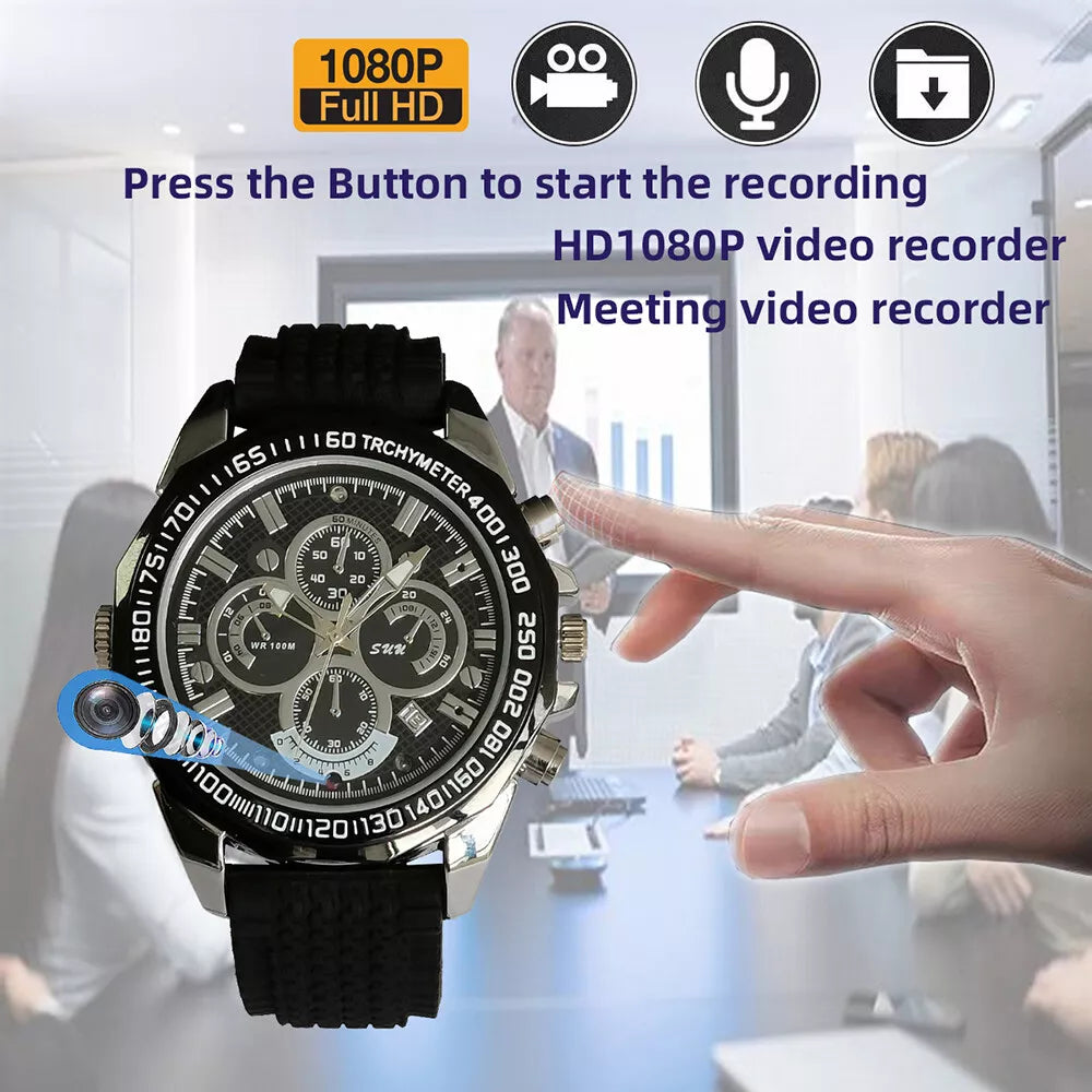 An image depicting a wristwatch with hidden camera features, illustrated as being used in a business meeting environment.