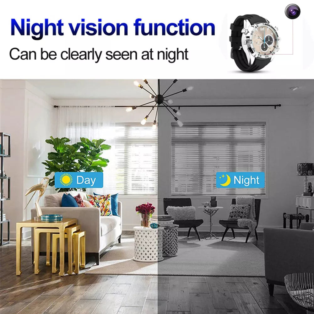 A living room with a split view: full color for daylight on the left, and grayscale for night vision on the right, demonstrating a camera's night vision capability in a SpyCam Stylish Watch.