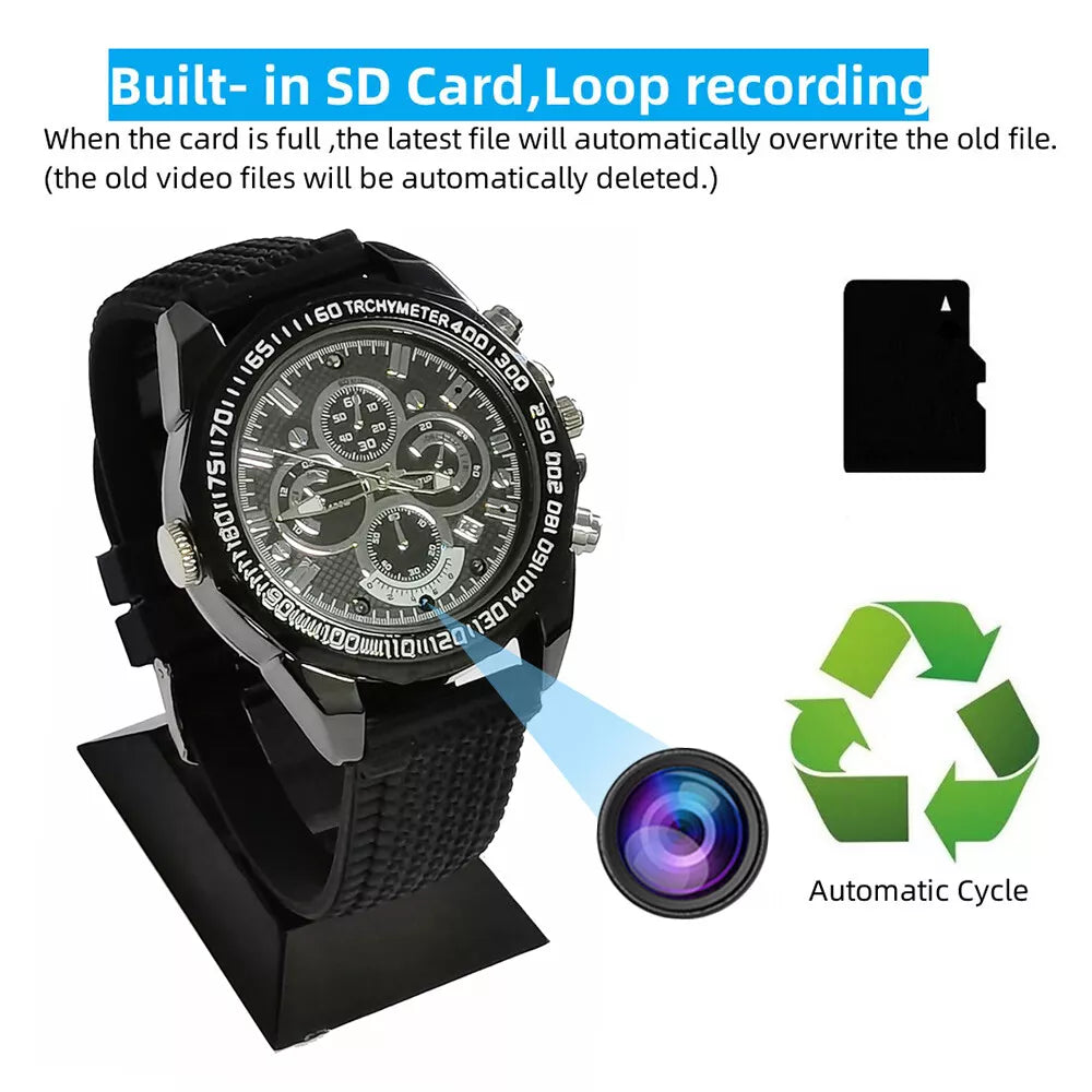 A hidden camera watch with a built-in full HD recording, displayed on a stand, illustrating automatic loop recording and data storage on an SD card.