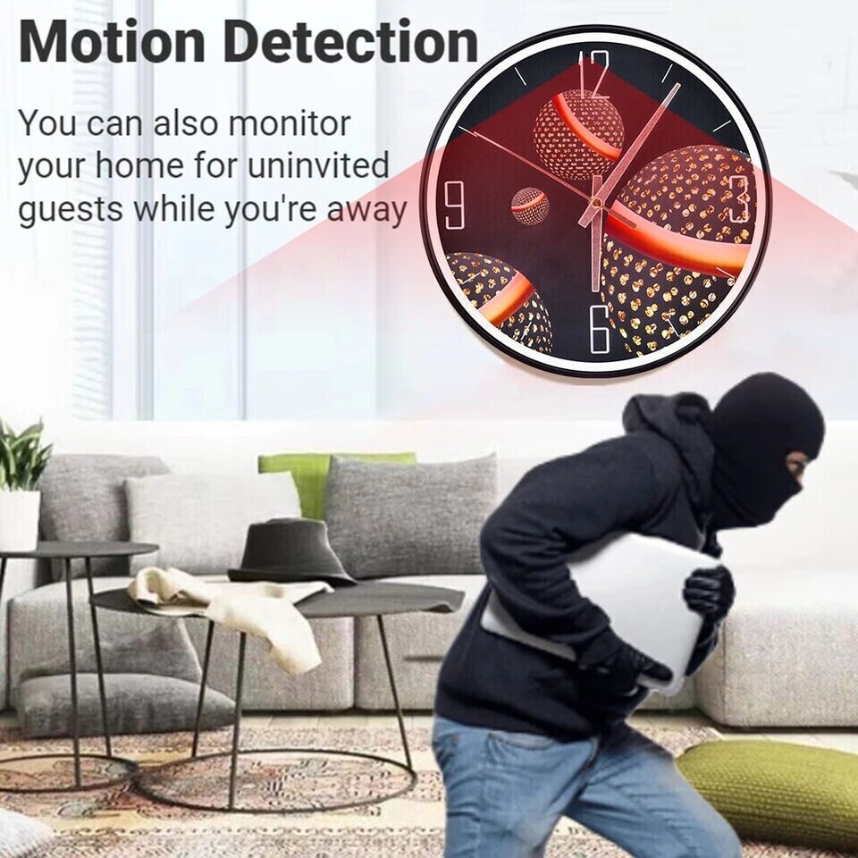 The Security Wall Clock SpyCam with a motion detection feature, illustrated by a burglar sneaking in a living room, juxtaposed with a graphical clock interface.