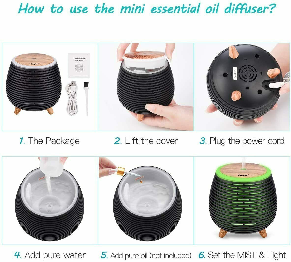 Step-by-step instructions for using a Mini Oil Diffuser SpyCam, including contents of the package and operating procedures.