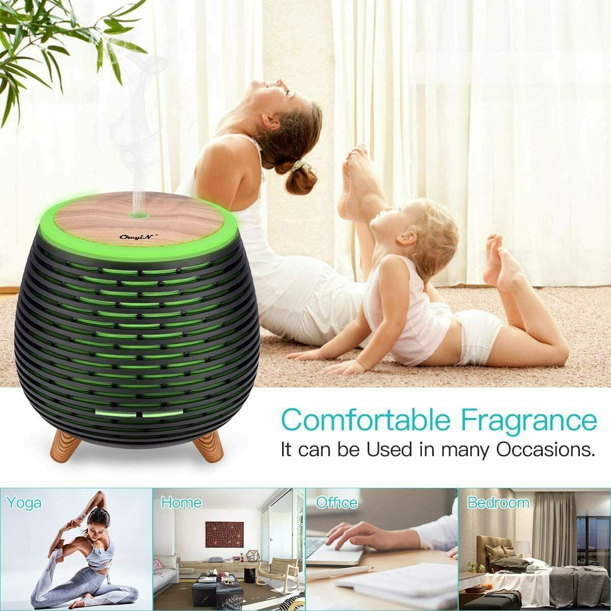 A versatile Mini Oil Diffuser SpyCam advertised as suitable for use during yoga, at home, in the office, and in the bedroom, with images of people engaging in different activities in each setting.