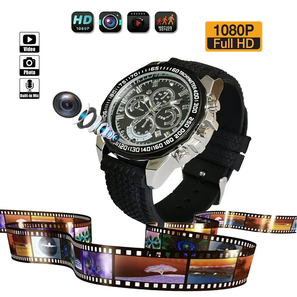 A SpyCam Stylish Watch with a black strap, silver casing, and multiple dials, featuring full HD recording capabilities as indicated by the surrounding filmstrip displaying camera icons and "1080p full resolution".