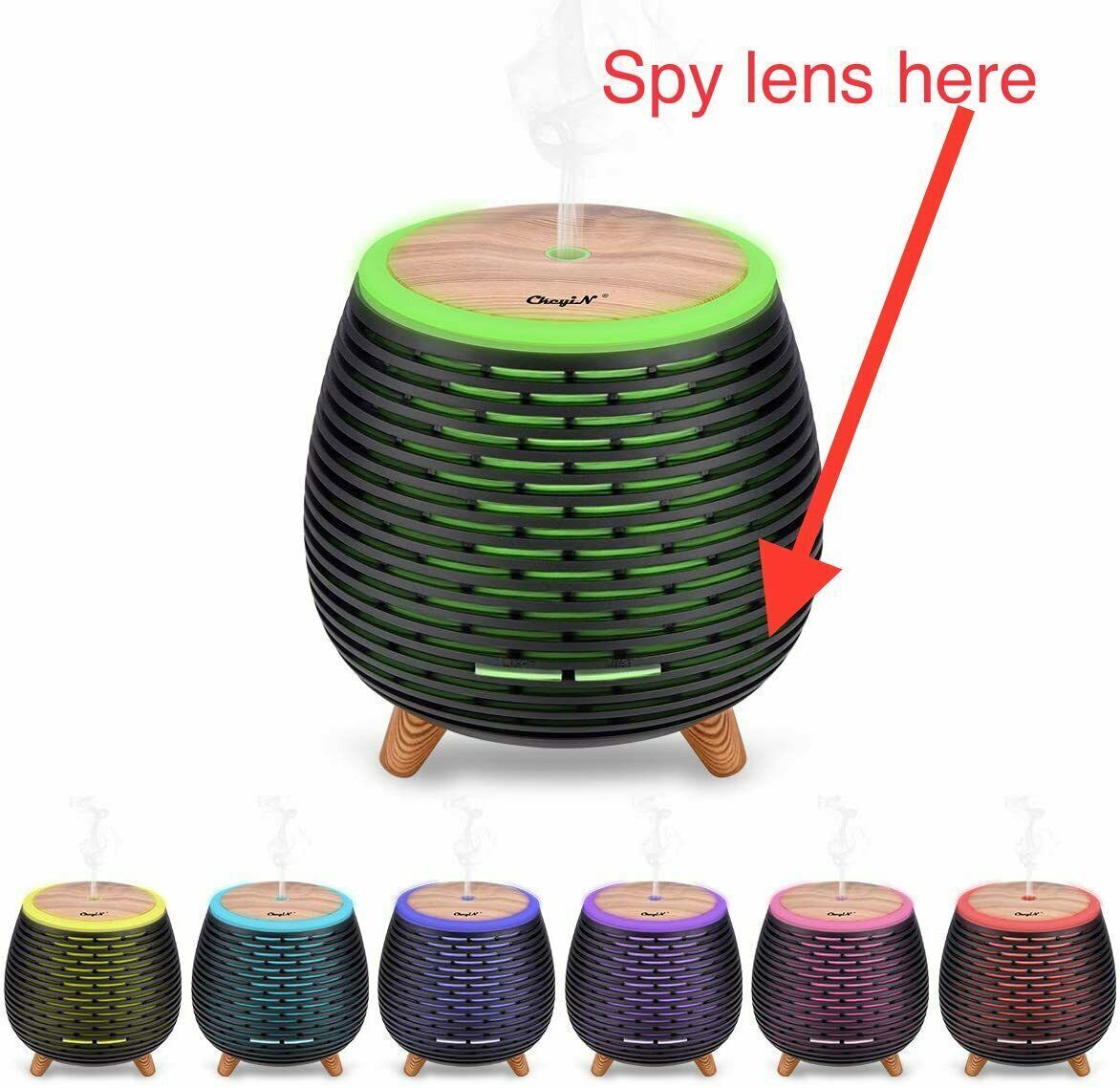 Mini Oil Diffuser SpyCam with hidden camera feature, indicated by an arrow.