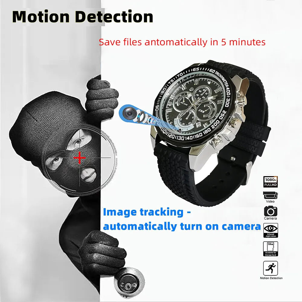 A SpyCam Stylish Watch with motion detection capabilities and a person in a balaclava, implying security features.