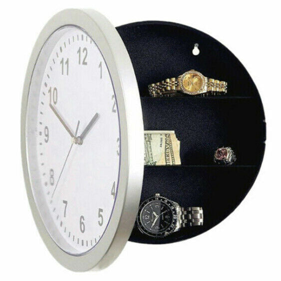 A discreet, modern Wall Clock SpyCam disguised as a clock, with a hidden compartment holding watches, cash, and jewelry.