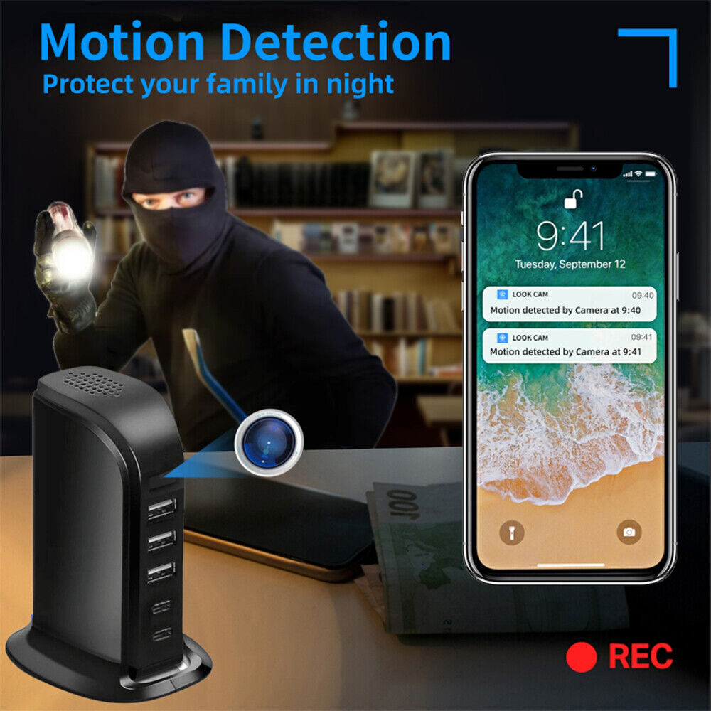 A masked intruder holding a flashlight is depicted next to a security camera and mobile phone displaying alerts, motion detection – protect your family at night.