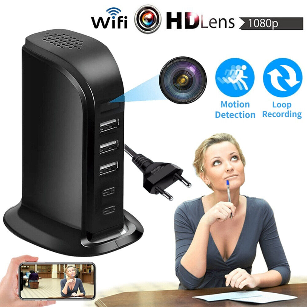 A multifunctional device featuring wifi, hd 1080p hidden camera, usb ports, motion detection, and recording capabilities, with a woman appearing thoughtful and with peace of mind.
