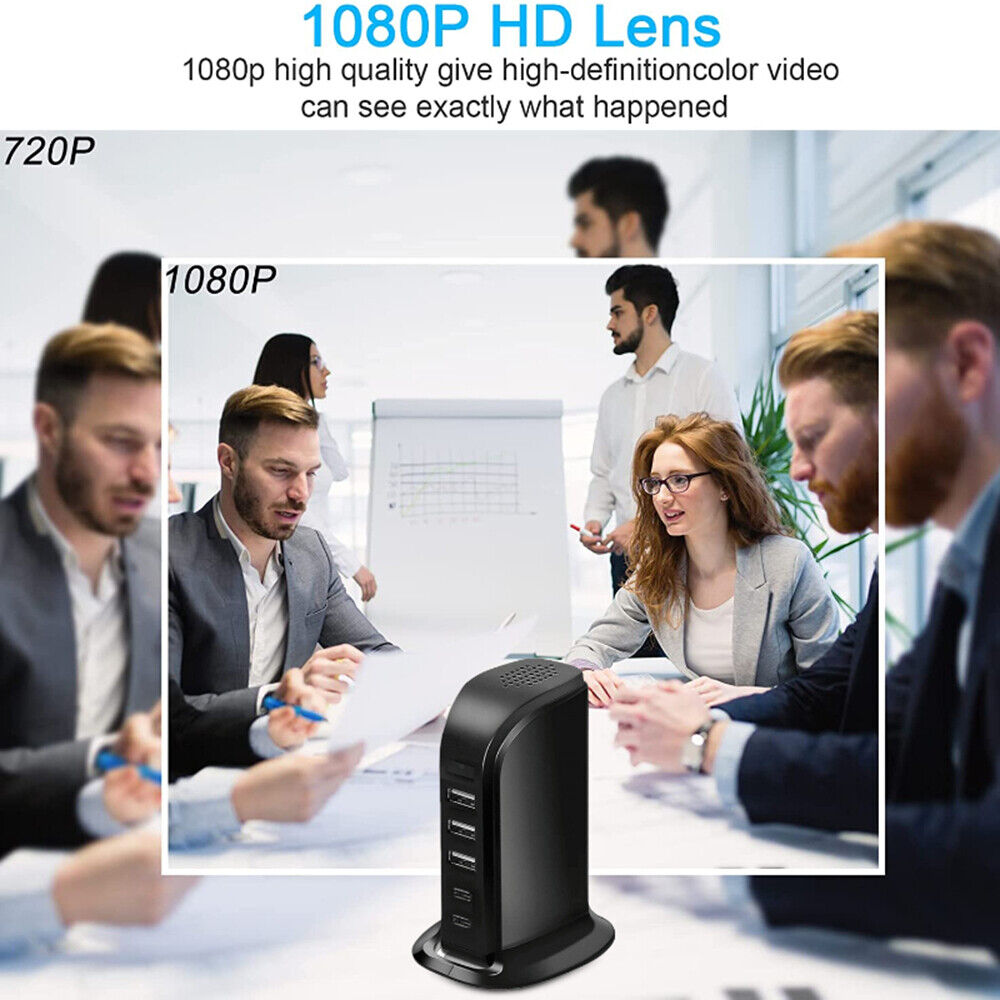 An advertisement depicting a hidden camera charger promoting its 1080p HD lens quality, with inset images showing business people in a clear, detailed meeting to emphasize video clarity.