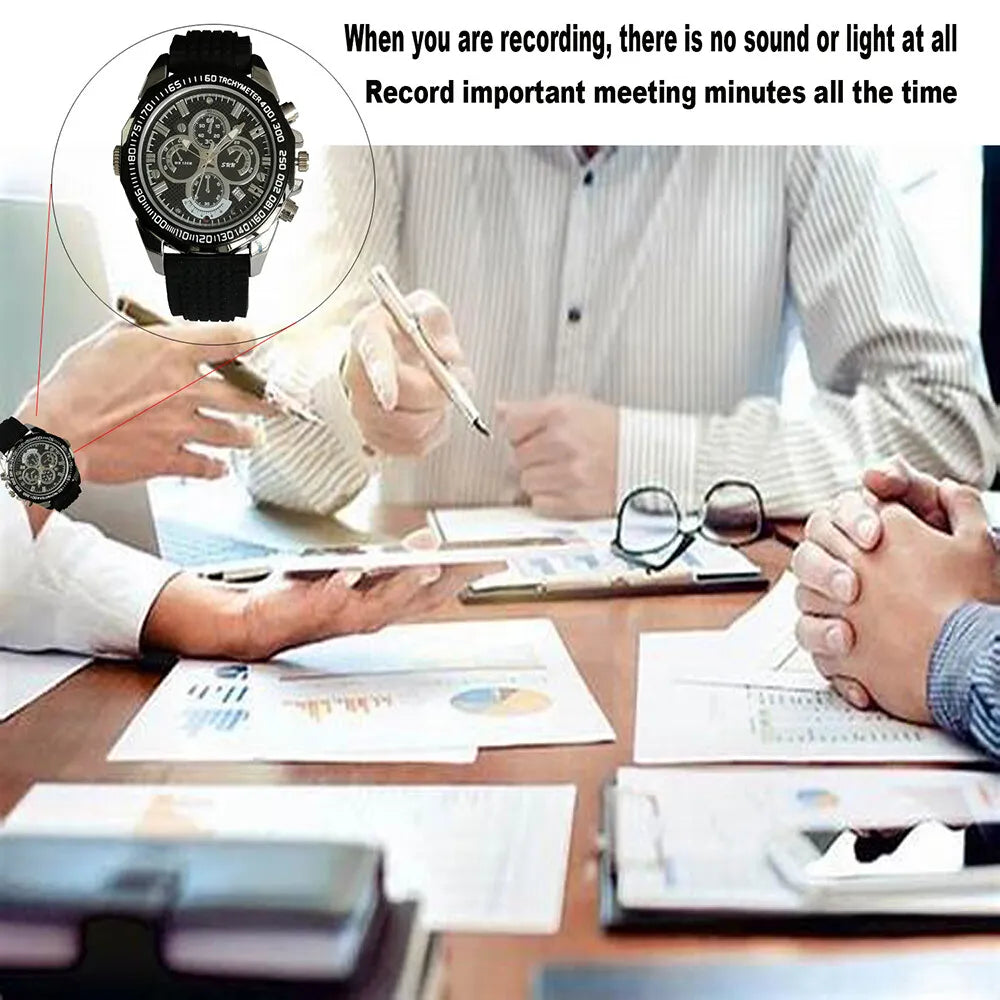 Two individuals in a business meeting, examining documents on a table, with an overlaid image of a SpyCam Stylish Watch and promotional text about its silent operation.