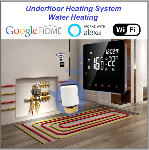 Underfloor heating system with EcoSave thermostat and Google Home integration.