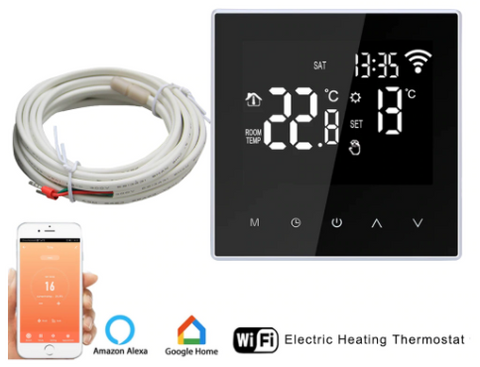 An electric floor heating thermostat with a smart phone and EcoSave thermostat.