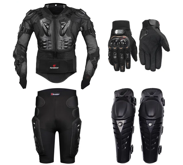 Motorcycle protective gear set with knee protectors and gloves for long rides.