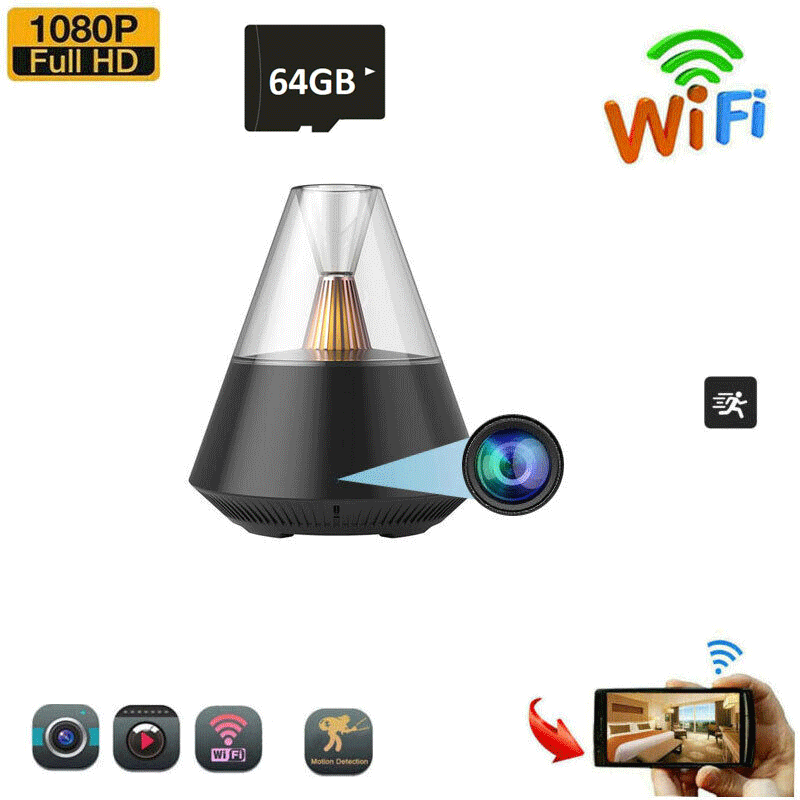 Essential Oil Diffuser SpyCam with full HD resolution, 64GB storage capacity, smartphone connectivity features, and spy camera for home surveillance.