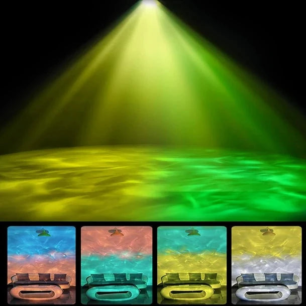 Five waterproof cellphones displaying similar green light visuals aligned horizontally, each with a unique color filter, against a dark background with a central beam of green light.