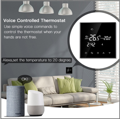 A smart thermostat with voice control and remote control, compatible with Amazon Alexa.