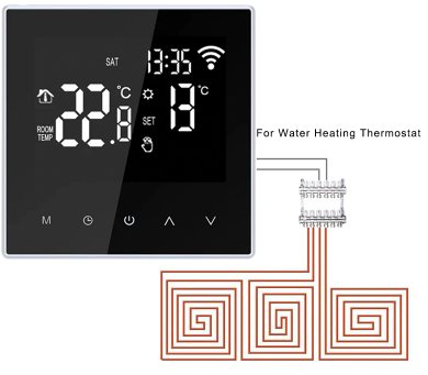 An EcoSave thermostat is connected to a water heating system.