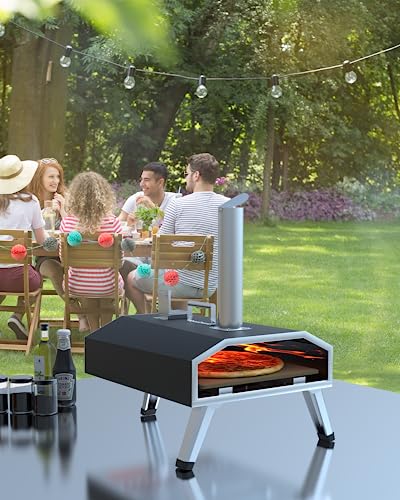 An outdoor pizza oven with people sitting around it, enjoying pizzeria-quality pizza.