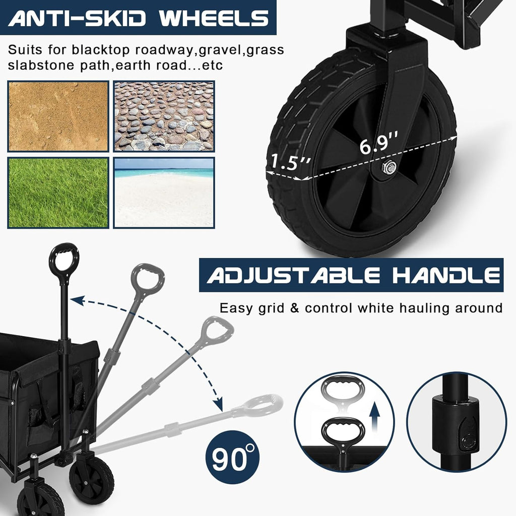 A large-capacity, portable black wheeled cart with a handle and foldable wheels.