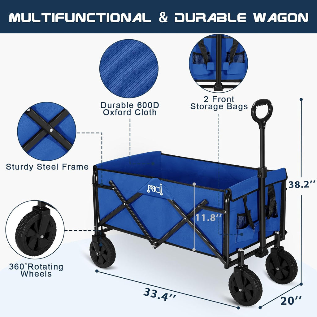 A portable, foldable wagon with a large-capacity in blue.