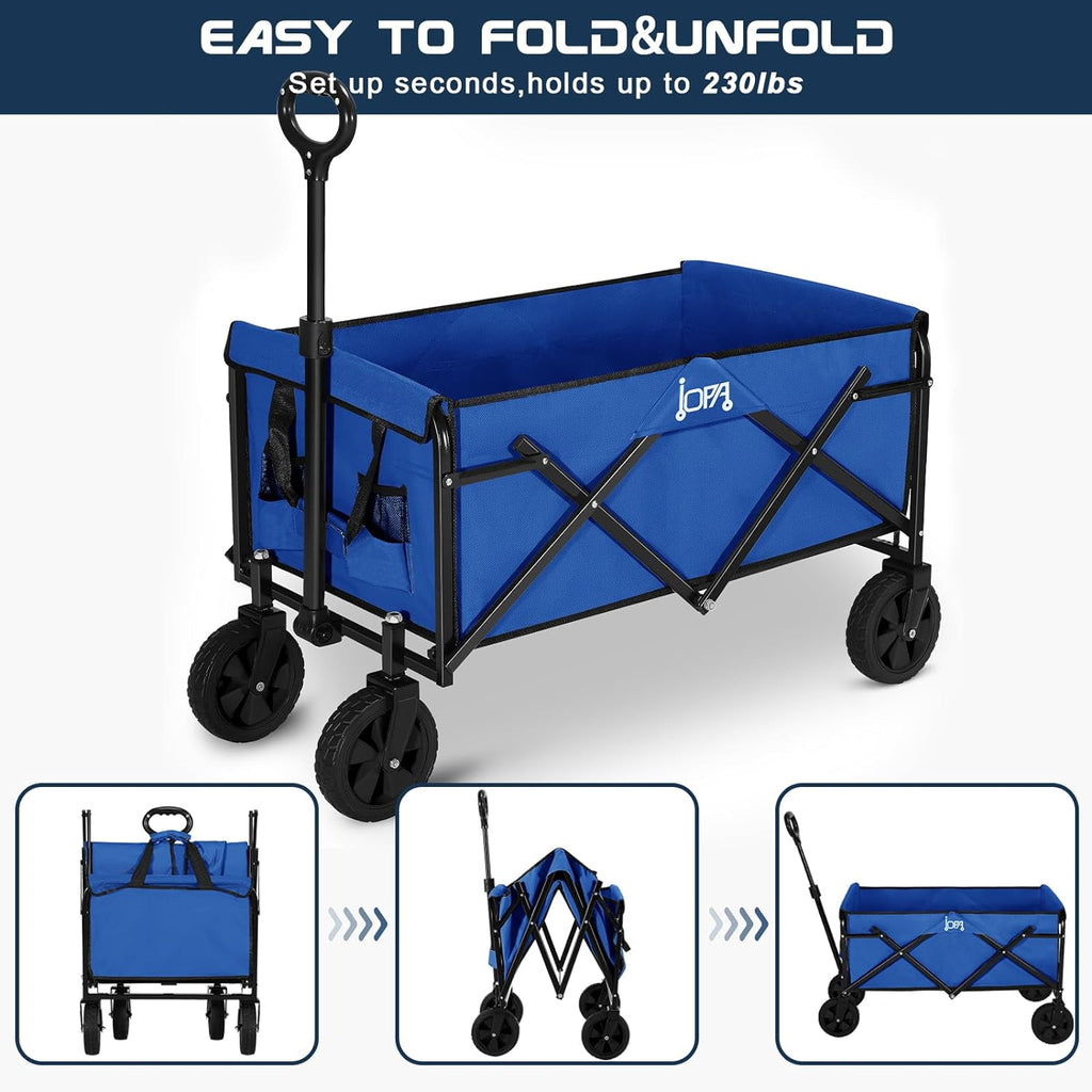 A foldable blue cart with a handle and wheels.