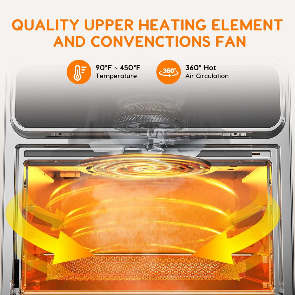 A stainless steel oven designed for cooking healthy meals, featuring a quality upper heating element and convection fan.