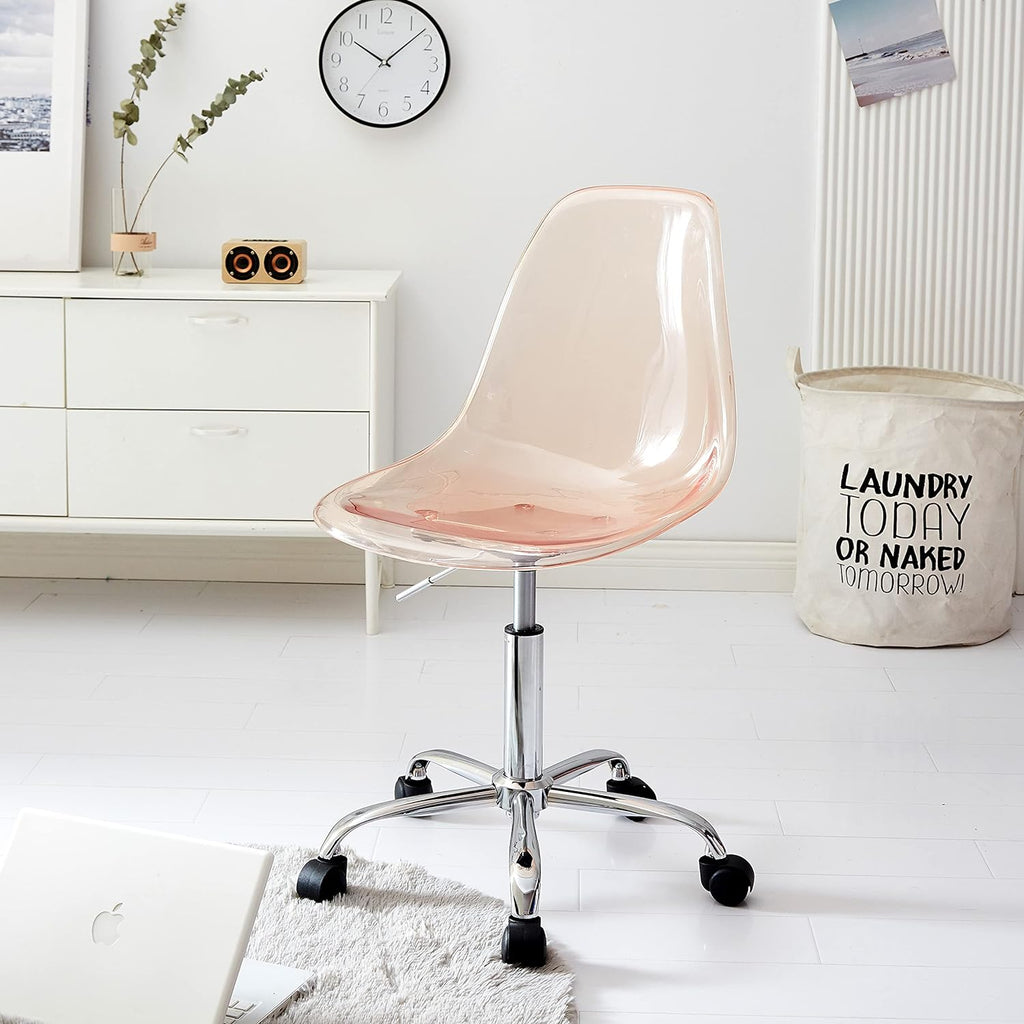 A pink computer chair in a white room.