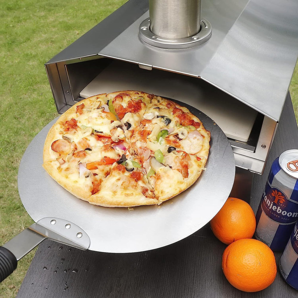 A delectable pizza is being cooked in an Outdoor Portable Pizza Oven, creating a culinary celebration.