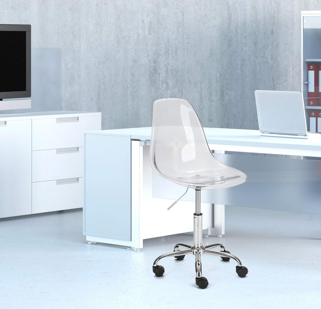 A modern office with a stylish white desk and comfortable computer chair.