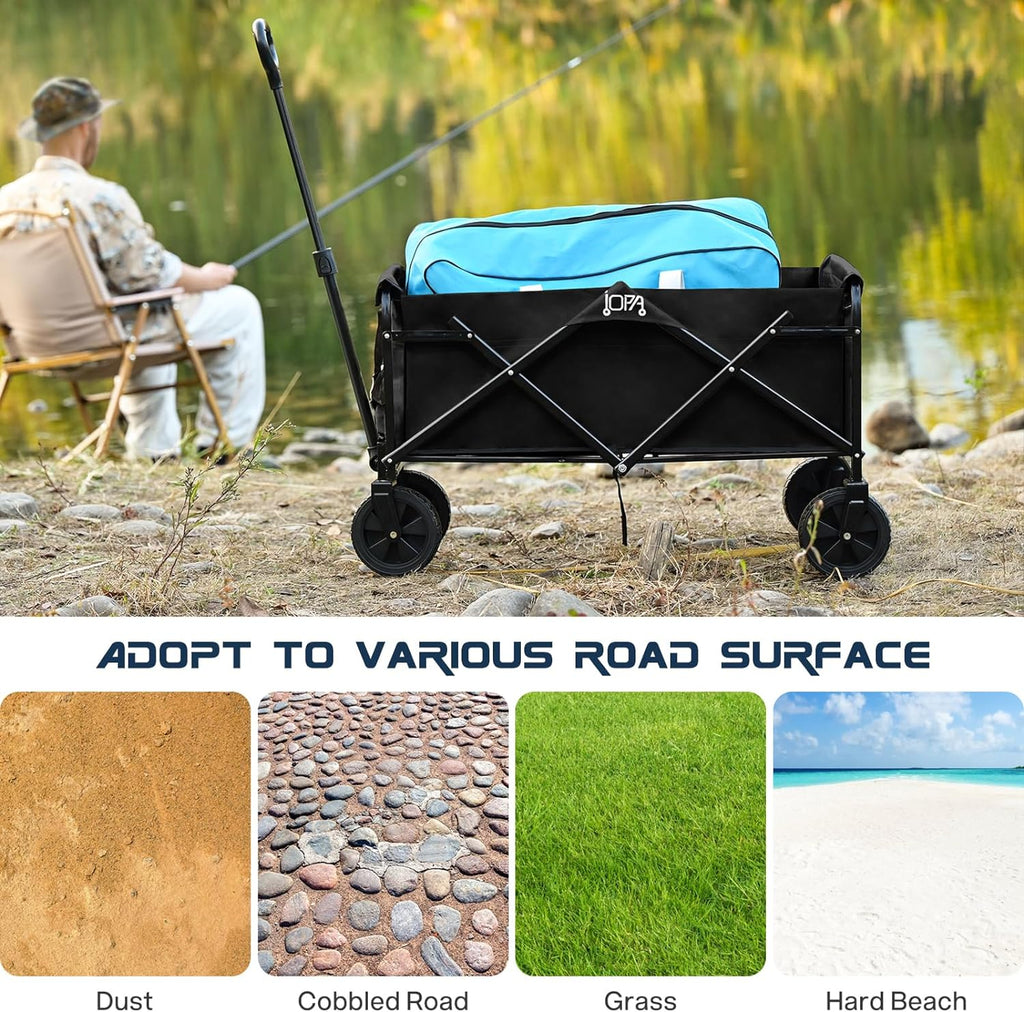 A portable camping cart can haul on various surface and terrain.