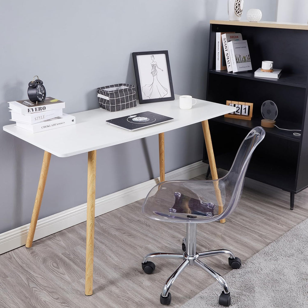 A modern white desk and chair in a room with a stylish bookcase.