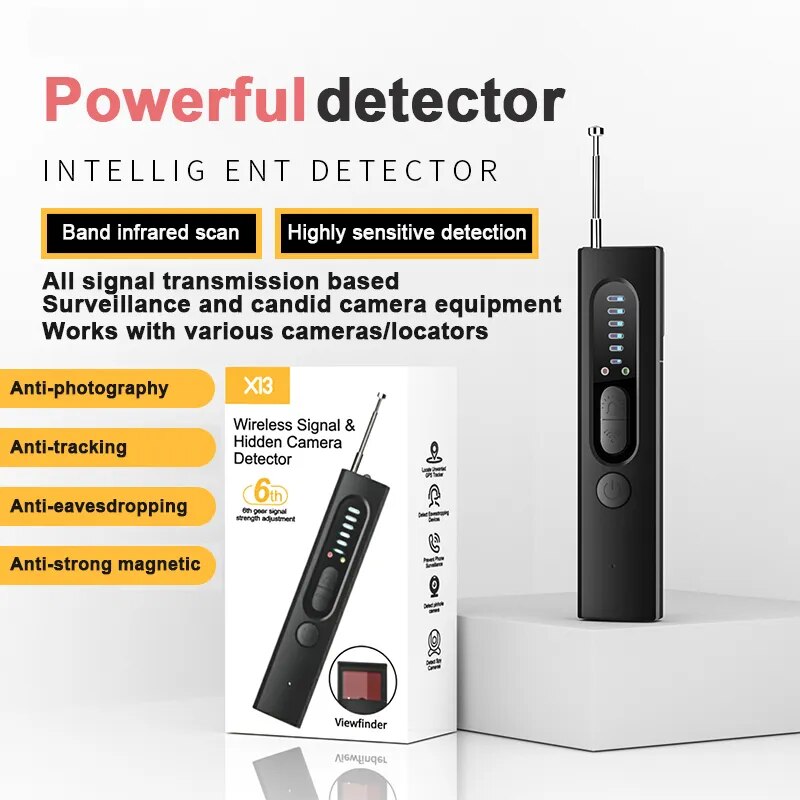 A discreet anti-spy detector with a box in front, perfect for detecting spy cameras and other discreet surveillance devices.
