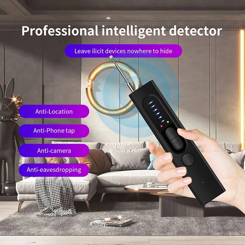 A person discreetly holding an intelligent detector in a living room.