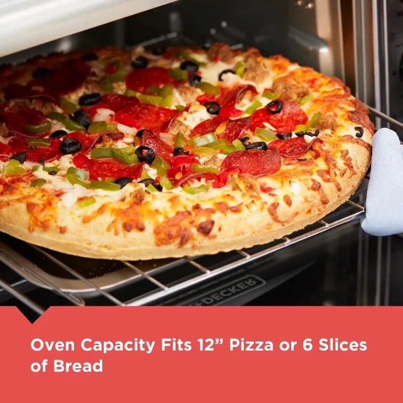 This guilt-free air fry oven experience has an oven capacity that fits 12 slices of pizza or 6 slices of bread.
