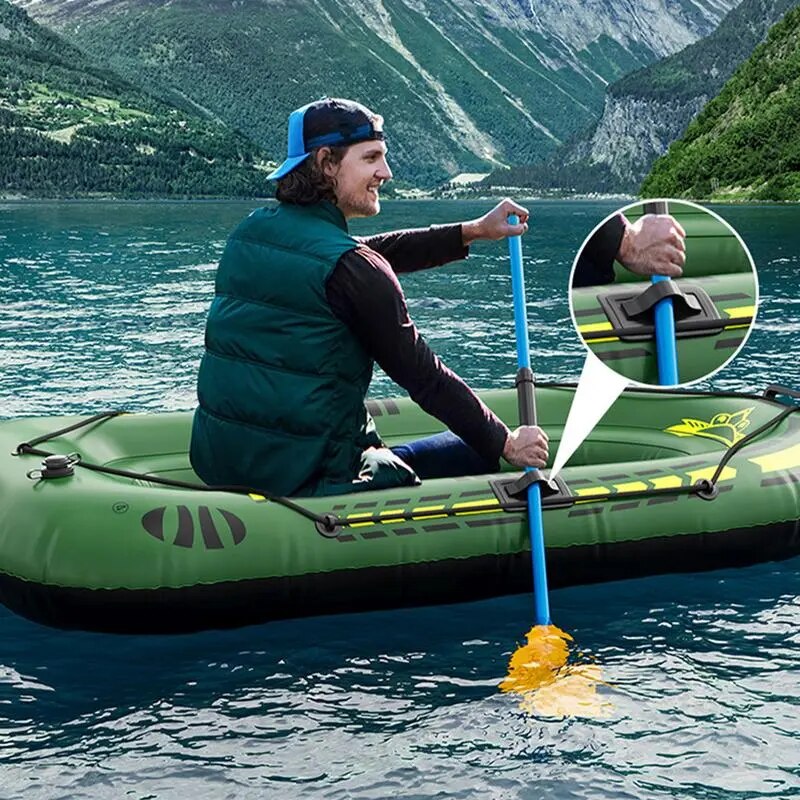 A man on a portable inflatable fishing boat during a fishing trip.