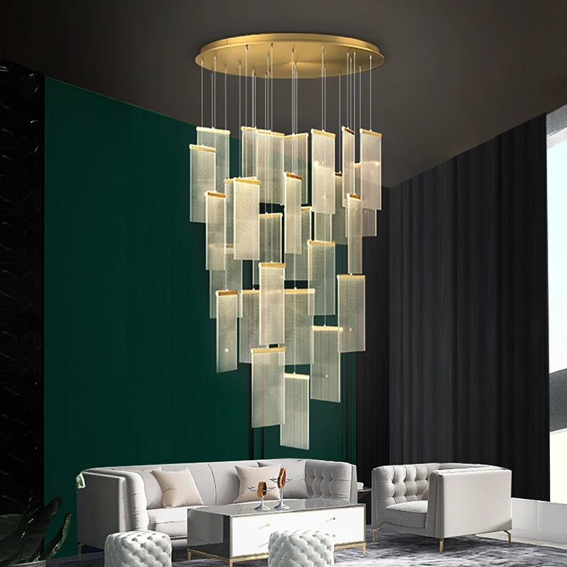 A modern villa living room with a luxury lighting solution featuring a large chandelier.