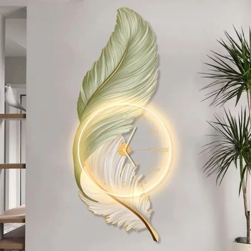 Upgrade your space with a modern and serene green feather wall clock.