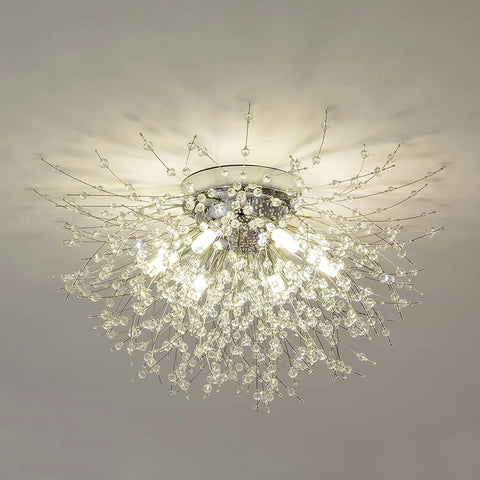 A modernized chandelier with enchanting crystals hanging from it.