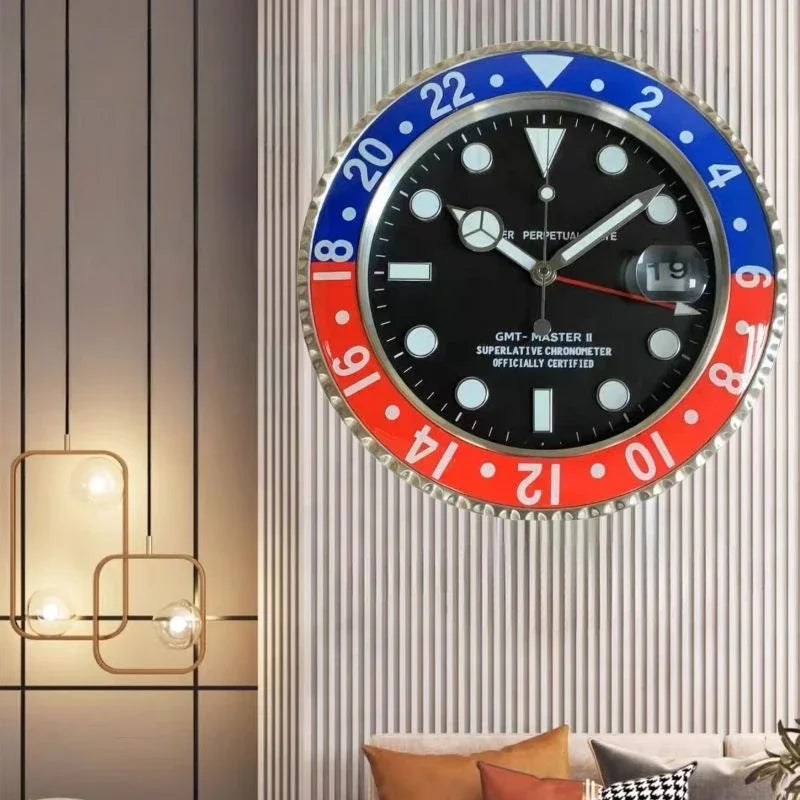 An artful Rolexia wall clock providing precise timekeeping, adorned with vibrant red, blue, and black numbers in a living room.
