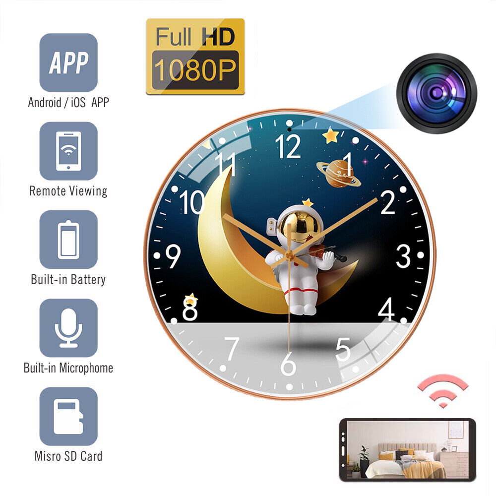 Astronaut Moon Clock with built-in SpyCam, microphone, and remote viewing features via a mobile app, also supports micro SD card storage to monitor surroundings.