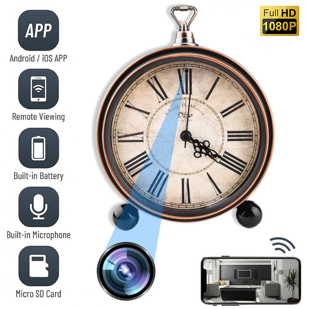 A vintage-style Roman Numeral Clock SpyCam with hidden surveillance features including a 1080P Wi-Fi camera, microphone, and remote viewing capabilities via a smartphone app.